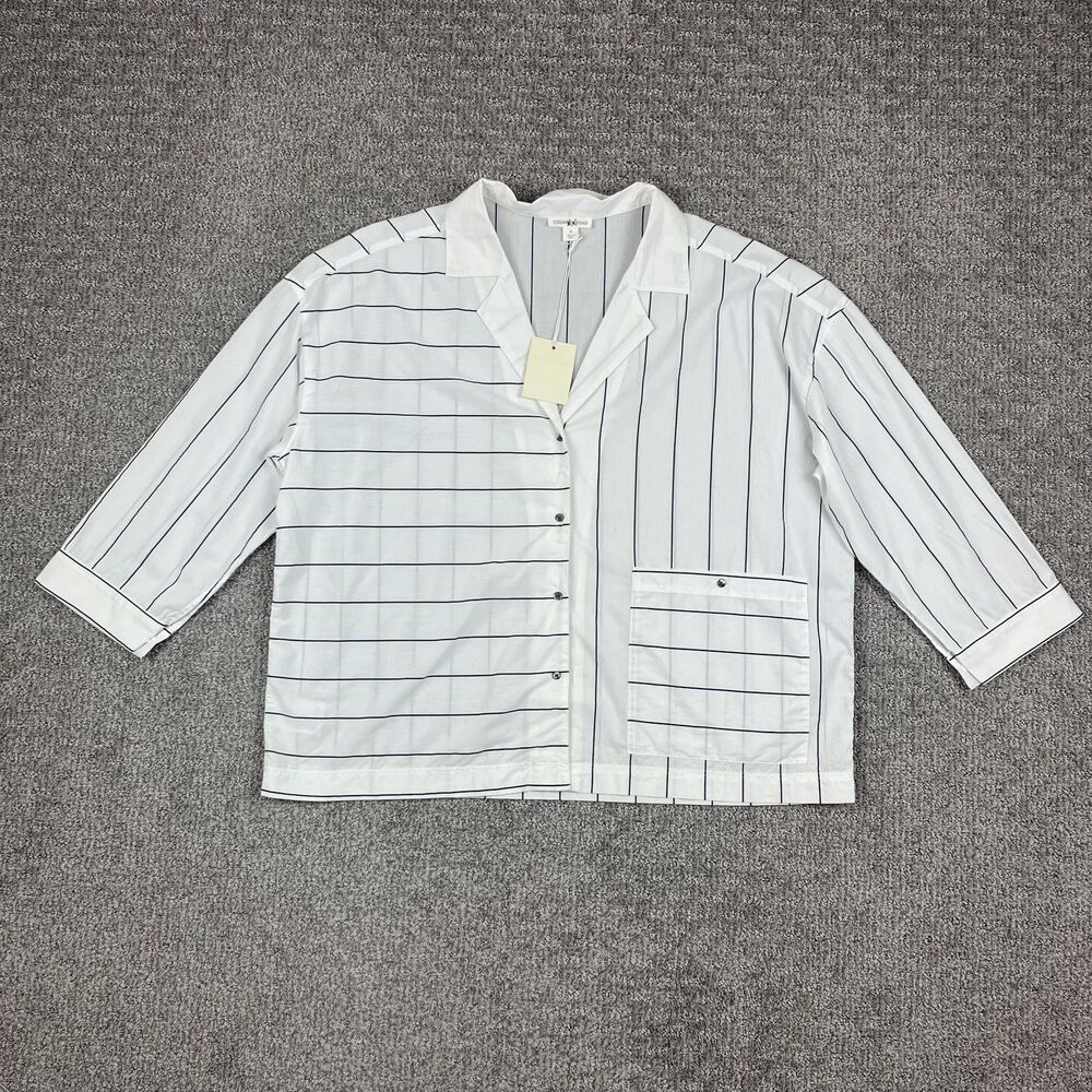 Country Road Shirt Womens Medium White Black Striped Camp Collar Coastal